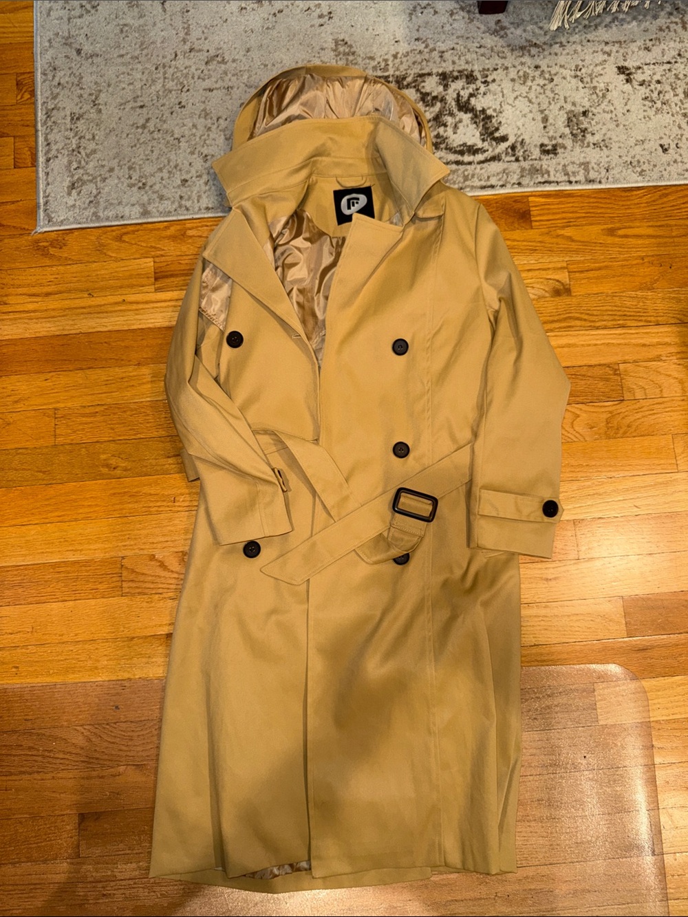 Amazon Women's Tan Double-Breasted Trench Coat with Belt and Removable Hood